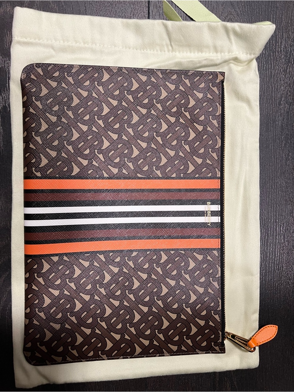 Burberry Brown Monogram Stripe Toiletry Pouch with Orange and Black Accents